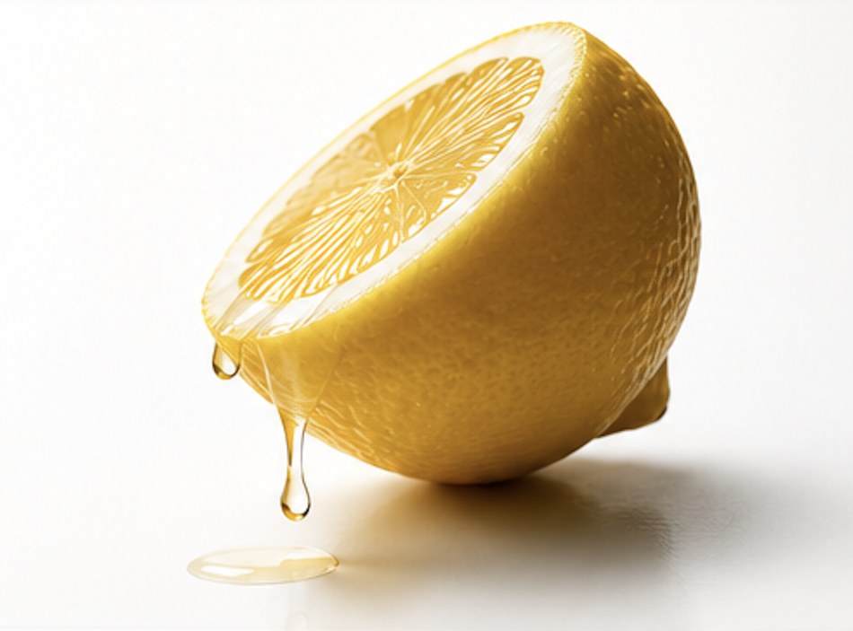 Fresh lemon half dripping juice